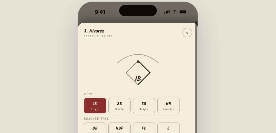 Boxscore9 at-bat entry screen with hit and reached-base outcome buttons